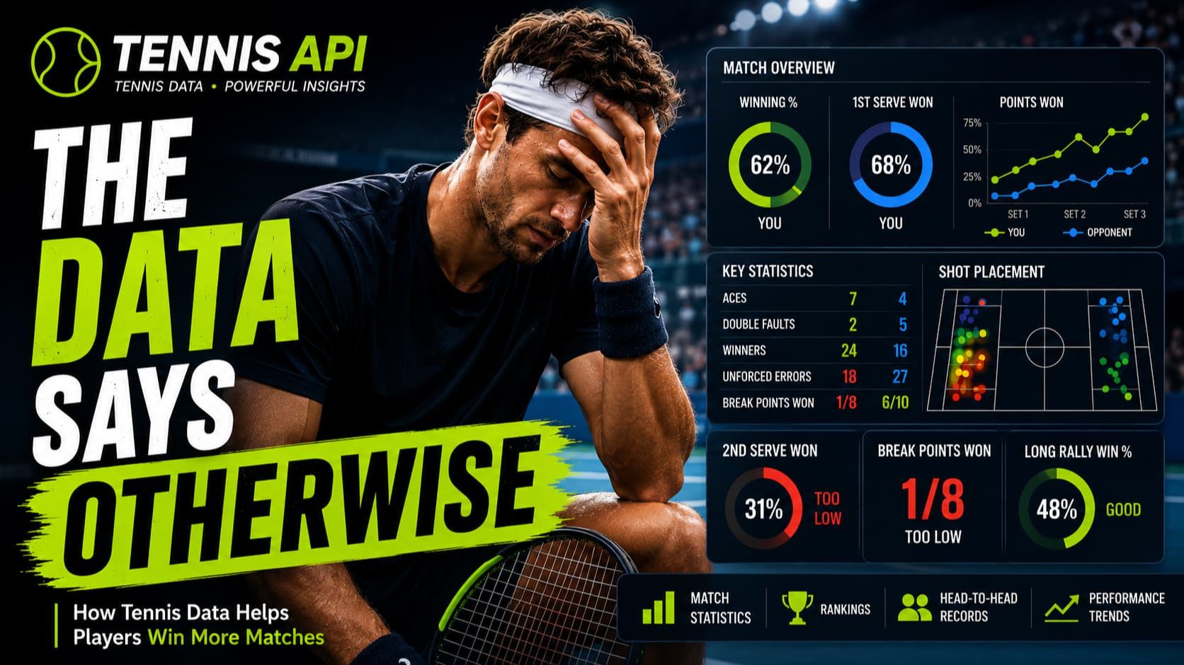 Tennis player analysing match statistics and tennis data to improve performance and win more matches