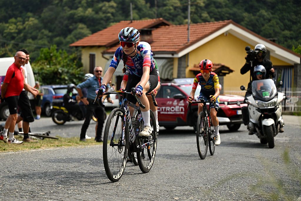SALUZZO, ITALY - JUNE 07: Antonia Niedermaier of Germany and Team CANYON//SRAM zondacrypto leads the breakaway during the 37th Giro d&amp;apos;Italia Women 2026 - Stage 9 a 145km stage from Saluzzo to Saluzzo / #UCIWWT / on June 07, 2026 in Saluzzo, Italy. (Photo by Luc Claessen/Getty Images)