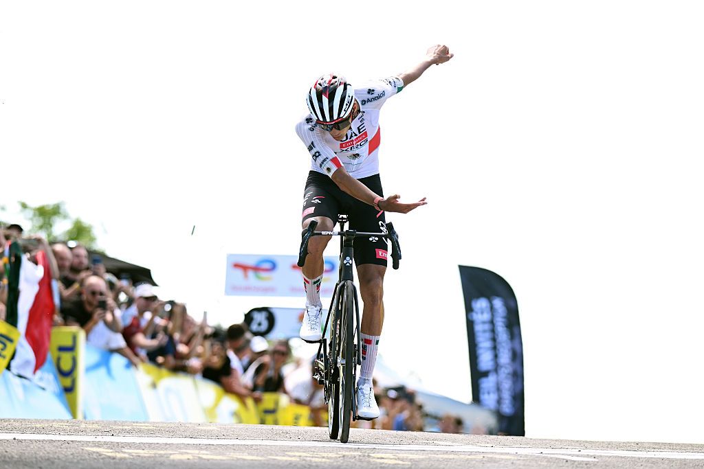GRAND COLOMBIER, FRANCE - JUNE 13: Isaac Del Toro of Mexico and UAE Team Emirates - XRG celebrates at finish line as stage winner during the 78th Tour Auvergne-Rhone-Alpes 2026, Stage 7 a 133.6km stage from La Bridoire to Grand Colombier 1496m / #UCIWT / on June 13, 2026 in Grand Colombier, France. (Photo by Dario Belingheri/Getty Images)